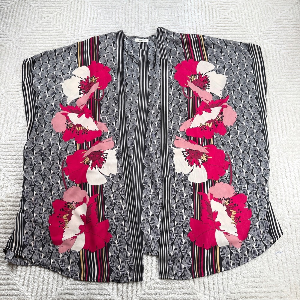 Max Studio Kimono Top Womens Medium Black Pink Floral Geometric Boho Resortwear